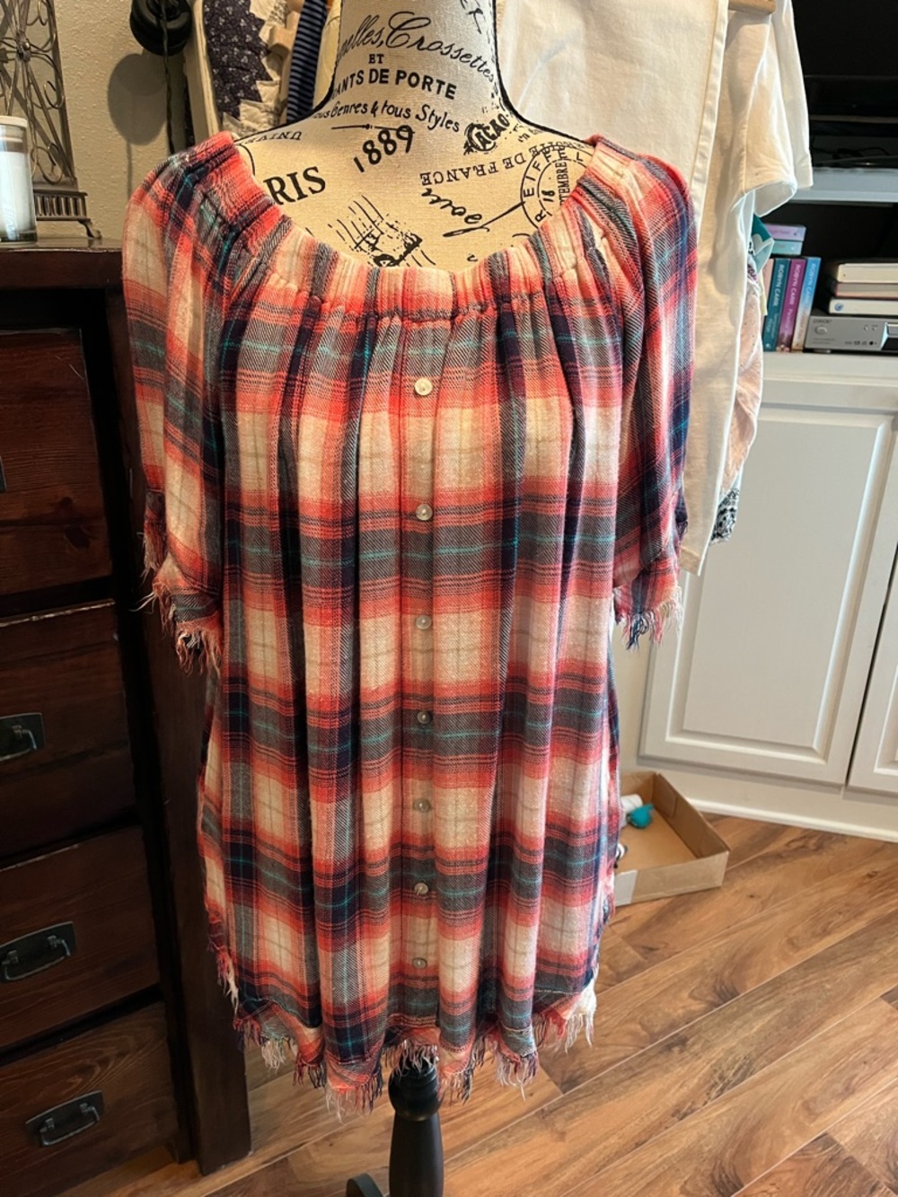 Easel Plaid Button Fringe Shirt